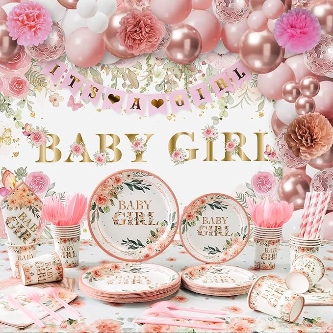 Baby Shower Decorations for Girl,225 PCS YHFNDIYS Pink Floral Girl Baby Shower Decorations Party Supplies (20 Guest) with Paper Plates Cups Napkins Straws Banner Tablecloth Backdrop Balloons Arch Kit