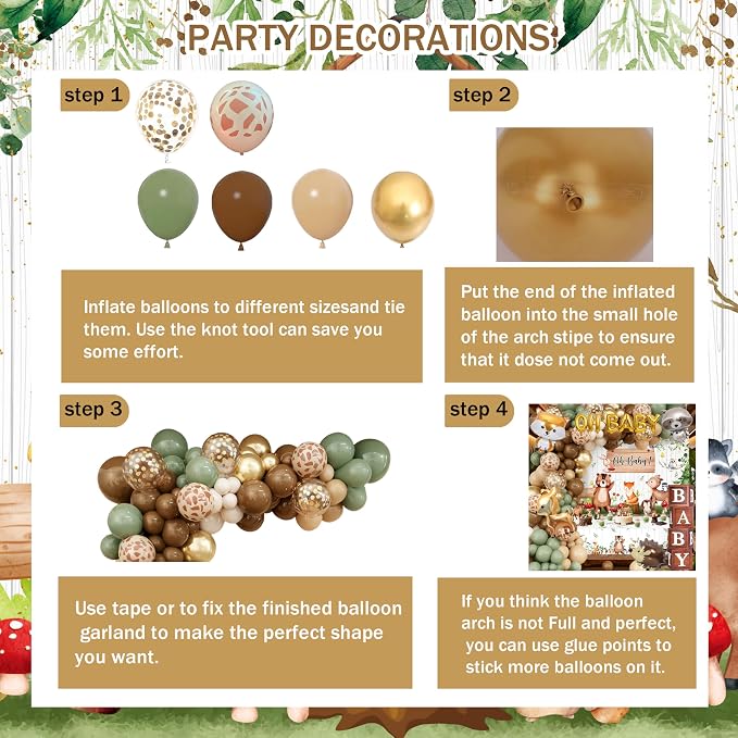 Woodland Baby Shower Decorations Neutral - Forest Animals Party Supplies Include Balloon Garland Arch, Oh Baby Backdrop, 4 Wood Grain Boxes, Fox Deer Raccoon Foil Balloons - Sage Green Gold