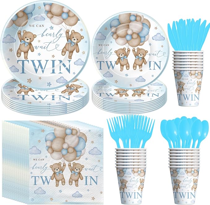 Twin Baby Shower Decorations Tableware, Teddy Bear Theme We Can Bearly Wait Party Supplies, Disposable Paper Dinner Plate, Dessert Plate, Cup, Napkin, Cutlery, Serves 24, Blue and Tan
