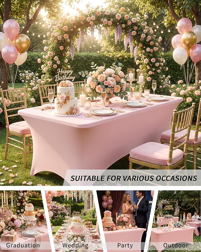 Fixwal Pink Stretch Table Cloth Rectangle 2 Pack 6FT, Spandex Fitted Table Covers Washable for Party, Trade Show, Banquet, Wedding, Buffet
