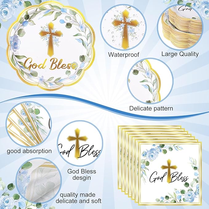 Ziliny 250 Pcs God Bless Baptism Party Tableware Set for 50 Guest First Holy Communion Decorations Blue Eucalyptus Leaves Paper Plates Napkins and Cups for Christening Baby Shower Religious