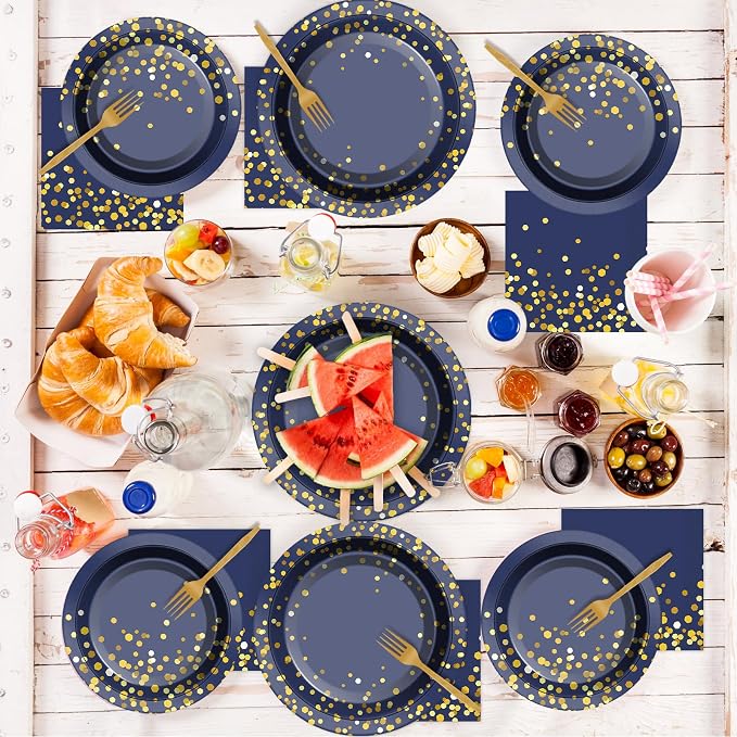 gisgfim 50 Guests Blue and Gold Party Supplies Decorations Tableware Set Blue and Gold Paper Plates Napkins Disposable Plates Graduation Tableware for Men Women Happy Birthday Party Decorations 200PCS