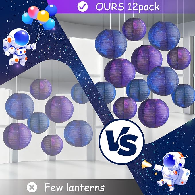 12 PCS Galaxy Paper Lanterns Space Themed Party Decorations, 6 x 12 Inch & 6 x 8 Inch Hanging Round Paper Lanterns for Galaxy Birthday Party Ceiling Room Classroom Decor