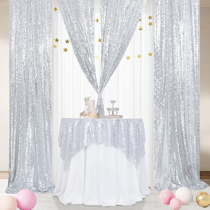 Poise3EHome Silver Sequin Tablecloth 50×50 Inch Square Sequin Fabric Table Cover Overlay for Christmas Baby Shower Birthday Party Wedding Holiday Cake Table Decoration