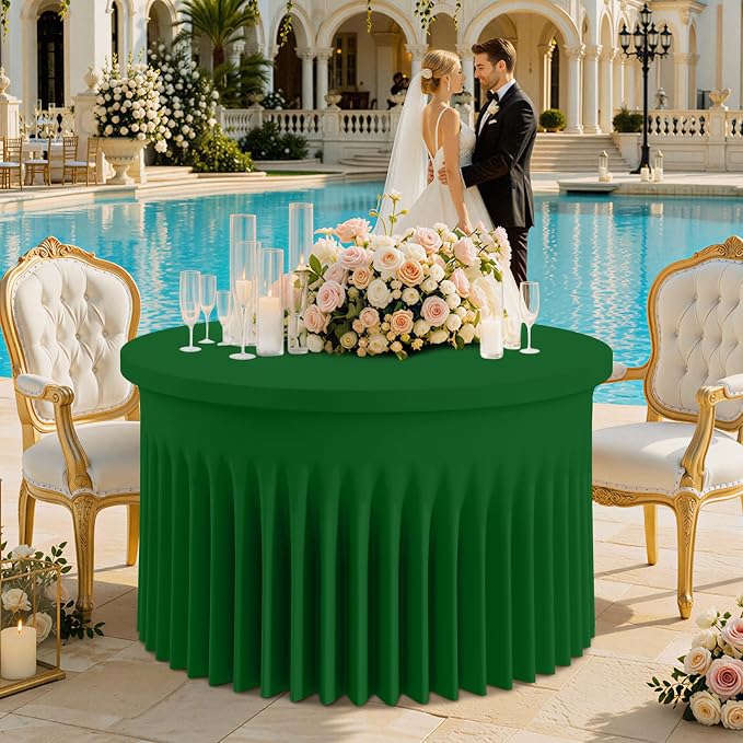 Smiry Round Spandex Tablecloth 2 Pack, Elastic Fitted Washable Tablecloths for 60 Round Tables, Waterpoof Stretch Table Cover Skirt for Outdoor, Wedding, Banquet & Parties, Emerald Green