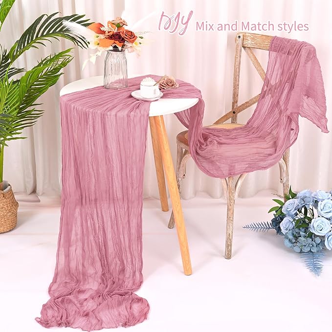 8 Pack Dusty Rose Cheesecloth Table Runner 120 Inch 10FT Fall Boho Rustic Sheer Gauze Cheese Cloth Table Runner for Wedding Baby Shower Birthday Party Table Decor