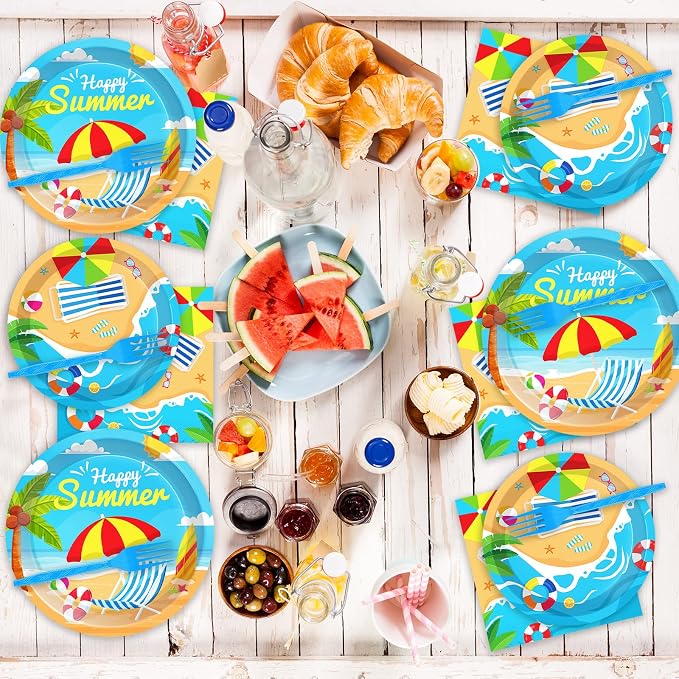 50 Guests Beach Plates and Napkins Party Supplies Summer Birthday Party Decorations Disposable Tableware Set Beach Dinnerware Favor for Kids, 200PCS