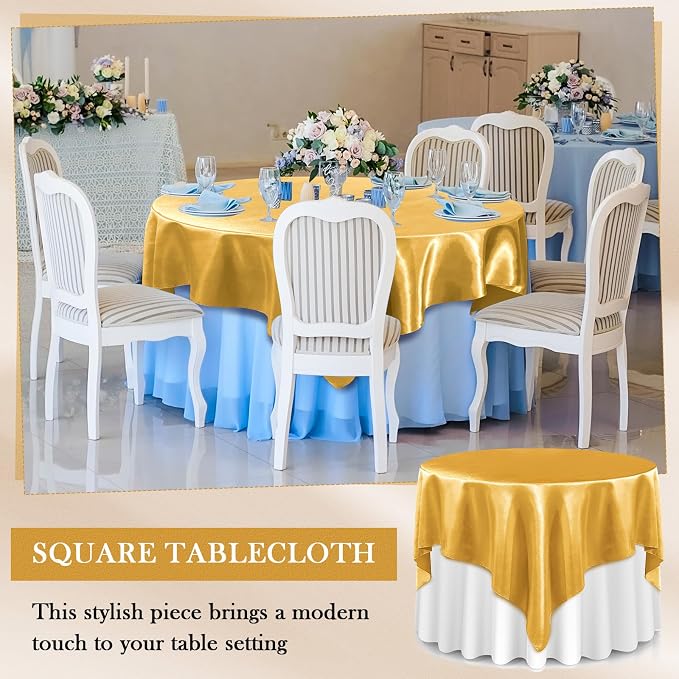Newwiee 12 Pcs 72 Inch Satin Tablecloth Square Overlay Smooth Fabric Tablecloth Satin Table Cover Fabric Decoration Dining Cloths for Party Wedding Banquet Table Decoration(Gold)