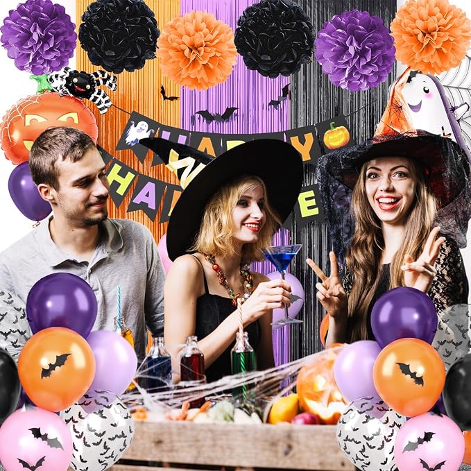 Purple Black Orange Party Decorations Set,Halloween Decorations Kit Including HAPPY HALLOWEEN Banner,Foil Balloons,3D Bat Stickers,Fringe Curtain,Paper Pompoms,Indoor Outdoor Halloween Supplies
