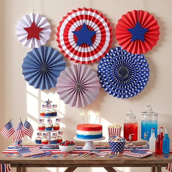 Tinlade 31 Pcs 4th of July Patriotic Decorations Red White Blue Hanging Paper Fans Porch Door Decor for 250 Anniversary Fourth of July Memorial Day USA Independence Day American Party Supplies