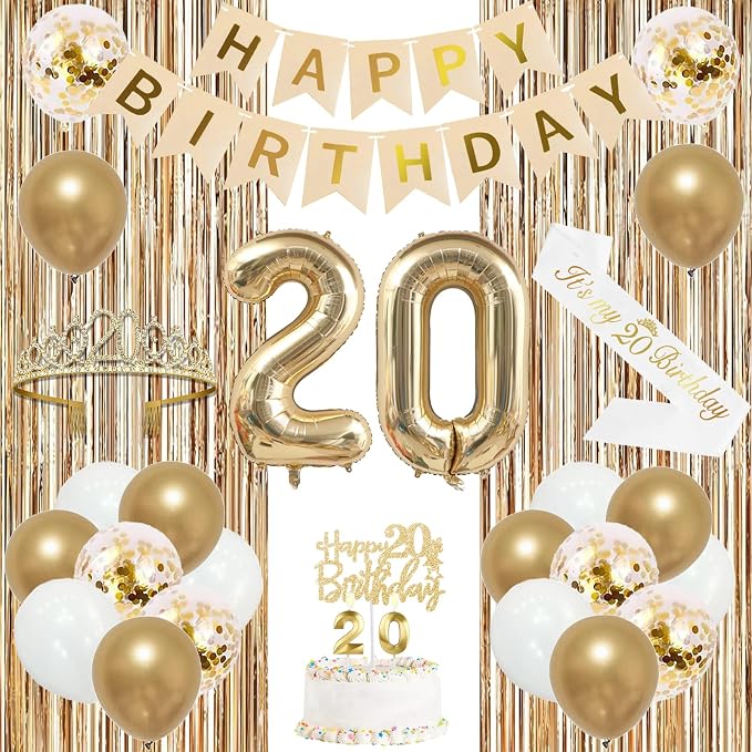Trgowaul Happy 20th Birthday Decorations for Girls, Banner, Sash and Crown, Cake Topper, 20 Number Balloon, Fringe Curtains, Champagne Gold 20th Birthday Party Supplies