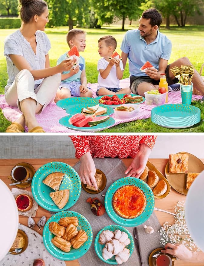 Nkaiso 141 Pieces Blue Green and gold Party Supplies, Disposable Party Decorations Sets Include Paper Plates Napkins Cups, Plastic Forks Knives Spoons, for Baby Shower Birthday Wedding -20 Guests