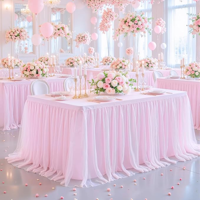 6 Pack Pink Table Cloth for 8 Foot Rectangle Tables, Pink Stretch Fitted Tulle Table Covers Skirt, Rectangular Ruffle Tutu Tablecloth Wedding Banquet Baby Shower Cake Tablecloths Decorations