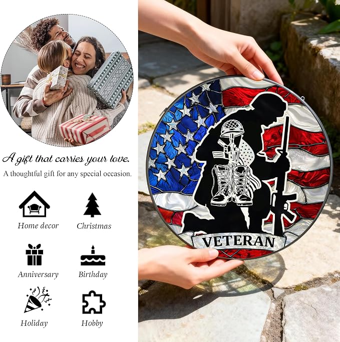 Army Veteran Stained Glass Suncatcher 6x6'', Veteran Day Gift, Army Retirement Gifts for Men, Military Retirement Gifts for Men, Keepsake Decor