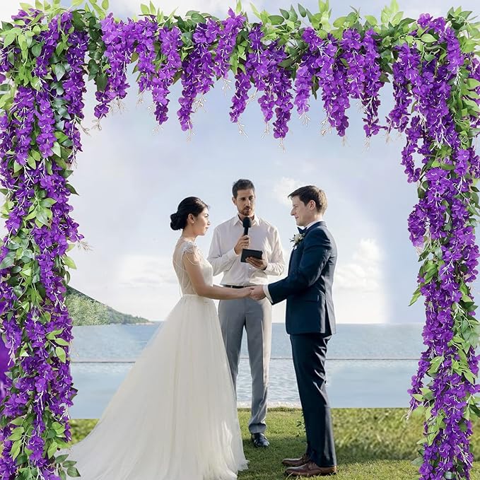 dallisten Wisteria Artificial Flowers Garland, 4Pcs 7.2Ft/Piece Silk Fake Wisteria Vine Kit, Hanging Flower for House Outdoor Garden Ceremony Outside Wedding Arch Floral Decor (4, Purple)