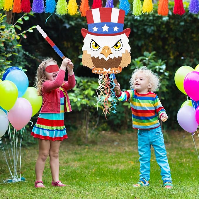 WERNNSAI 4th of July Piñata - Independence Day Piñata with Blindfold and Bat Fourth of July Theme Birthday Party Decorations American Flag Eagle for Kids Boys Bird Birthday Party Supplies