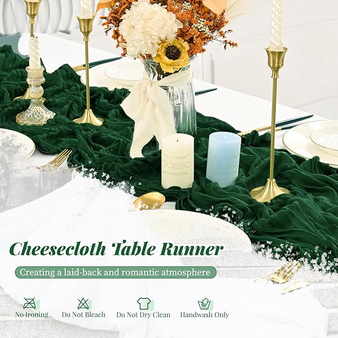 24 Pack Dark Green Cheesecloth Table Runner, 10FT Long Romantic Sheer Cheesecloth Rustic Boho Table Runner for Wedding Baby Shower Birthday Bridal Party Decorations(Dark Green)