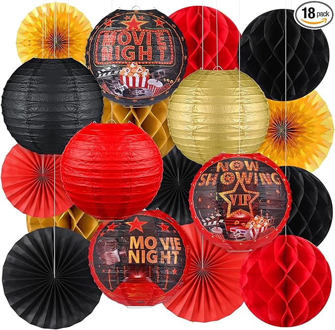 Retisee 18 Pcs Movie Night Party Decor Theme Hanging Paper Lanterns with Popcorn Trophy Microphone Film Reel Honeycomb Ball Fans for Movie Night Theater Carnival Party Decor