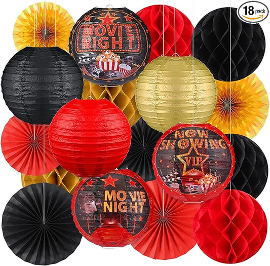 Retisee 18 Pcs Movie Night Party Decor Theme Hanging Paper Lanterns with Popcorn Trophy Microphone Film Reel Honeycomb Ball Fans for Movie Night Theater Carnival Party Decor