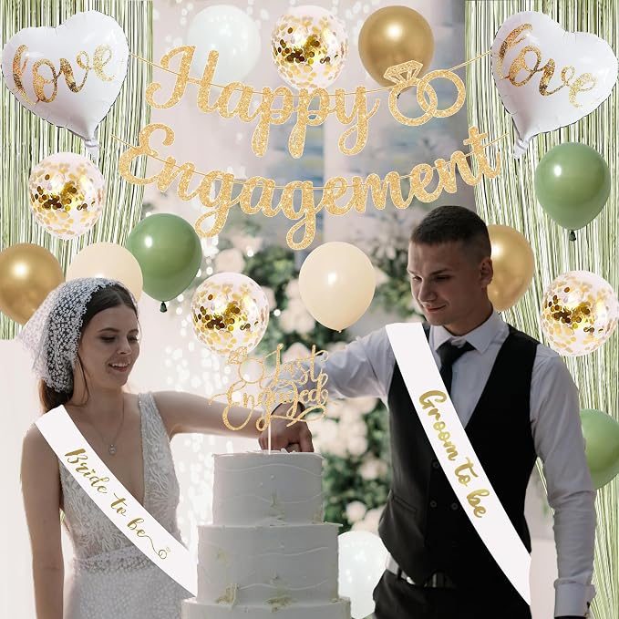 Trgowaul Green Gold Engagement Party Decorations, Happy Engagement Banner Backdrop, Bride&Groom Sash for Bridal Shower, Ring Foil Balloon, Just Engaged Cake Topper Wedding Shower Decor