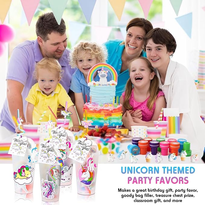 Qilery 195 Pcs 16 Guests Unicorn Birthday Party Favors for kids Includes Plastic Cup with Lid Straw Keychain Bracelet Ring Stamper Stickers Tag for Party Favors Piñata Filling