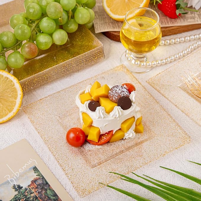 DaYammi 100Pcs Gold Glitter Dessert Plates Including 50Pcs Appetizer Plates 6",50Pcs Plastic Forks 5.7",Gold Glitter Plastic Square Plate for Party,Gold Salad Plate with Cake Fork for Birthday Wedding