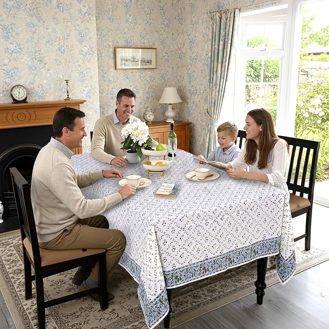 Ridhi Powder Blue Hand Block Print Cotton Rectangle Tablecloth 190" x 72" inches Reusable Table Cover Decorative Everyday Use for Dining Room, Farmhouse, Home Gift for Spring, Mother's Day