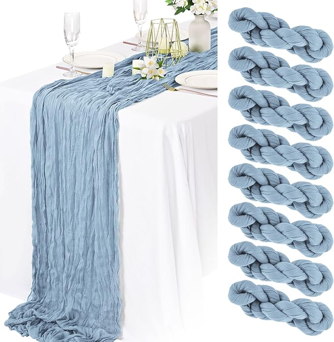8 Pack Dusty Blue Cheesecloth Table Runner 10FT Long Boho Gauze Fabric Table Runner Vintage Rustic Sheer Runners for Wedding Party Bridal Baby Shower Table Decorations