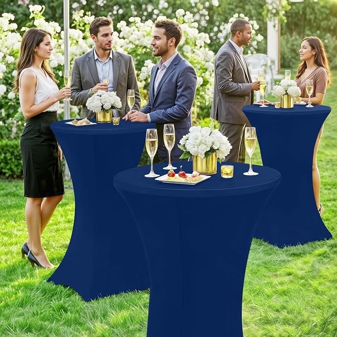 Moosfor Spandex Cocktail Table Covers 4 Pack, Elastic Fitted Stretch Table Cloth, Round High Top Tablecloths for Bar, Party, Pub, Wedding & Banquet (Navy, 32x43 Inch)