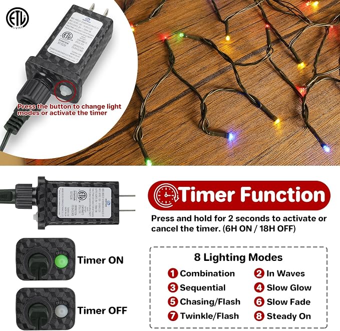 Extra Long 132ft Christmas Decorative Mini Lights, 400 LED Green Wire Fairy Starry String Lights Plug in, Timer & Memory & 8 Modes, for Indoor Outdoor Xmas Tree Wedding Party Decoration, Multicolor
