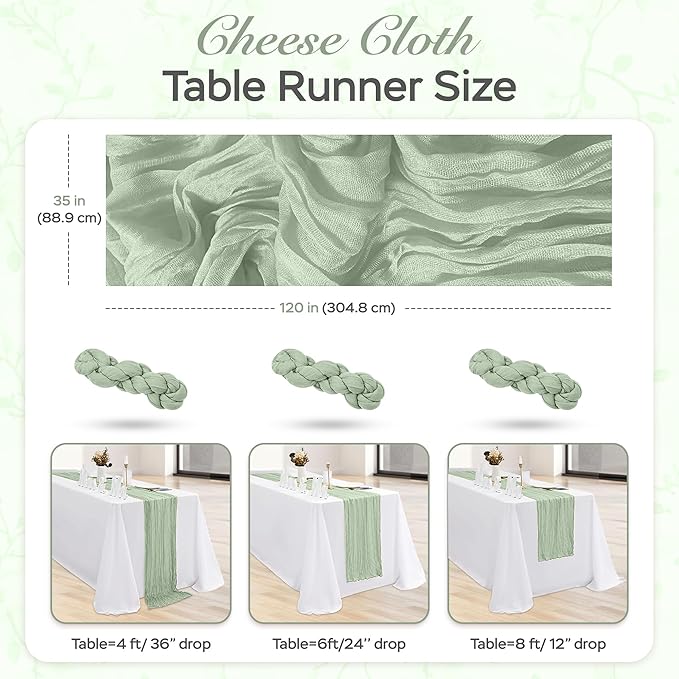 Cheesecloth Table Runner 6 Pack – 35x120 Inch (10ft) Boho Rustic Gauze Cloth Runners – Crinkle Polyester Table Decor for Wedding, Baby Shower, Bridal Shower, Birthday Party and More (Sage Green)