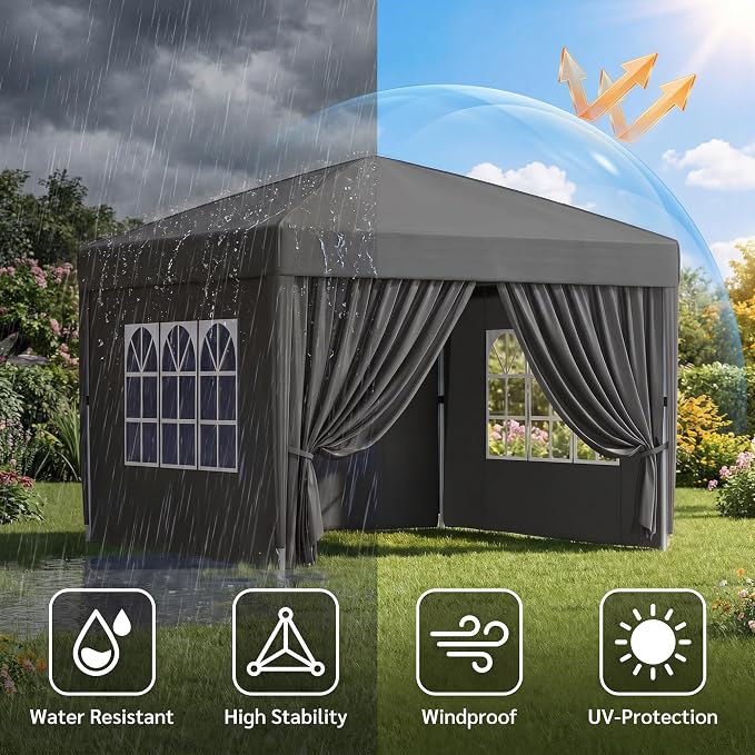 KIGOTY 10x10 FT Portable Pop Up Canopy Tent, Adjustable Height Instant Gazebo with Sidewalls, One-Push Setup Outdoor Canopy for Camping, Parties, Vendor Events (Grey, 3m × 3m)