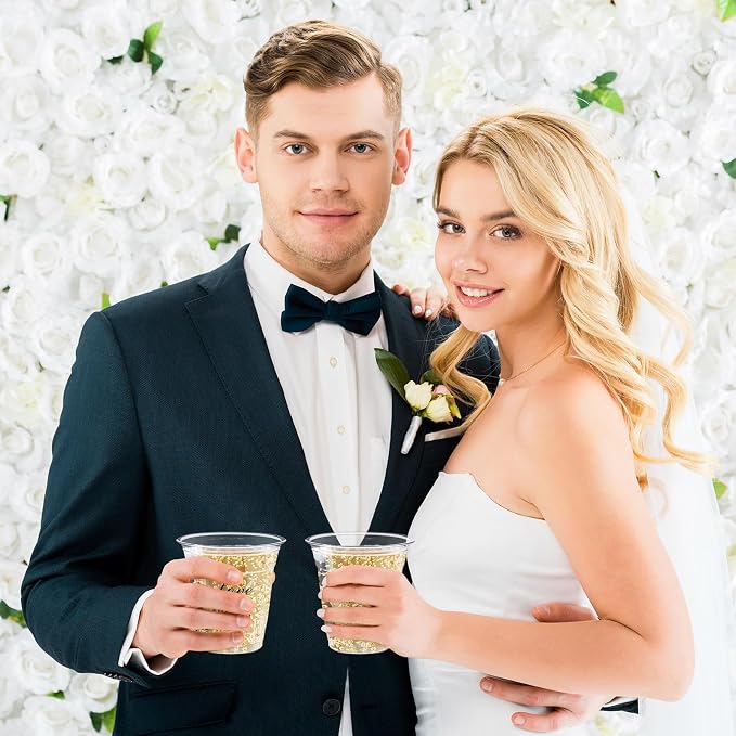 Dandat Disposable Wedding Plastic Cups Bulk 10oz Mr and Mrs Happily Ever After Disposable Clear Reception Drinking Cup for Wedding Reception Bridal Shower Engagement Party(200 Pack,Love Laughter)