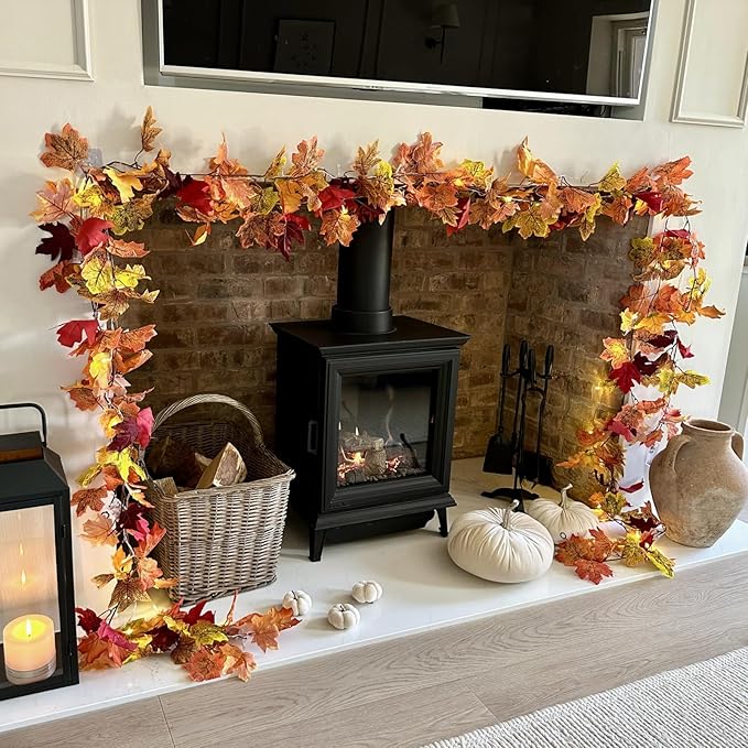 CQURE 16 Pack Fall Leaf Garland, 5.9Ft Autumn Garland Artificial Maple Leaf Fall Maple Leaves Hanging Vines Thanksgiving Decor for Home Christmas Fireplace Party
