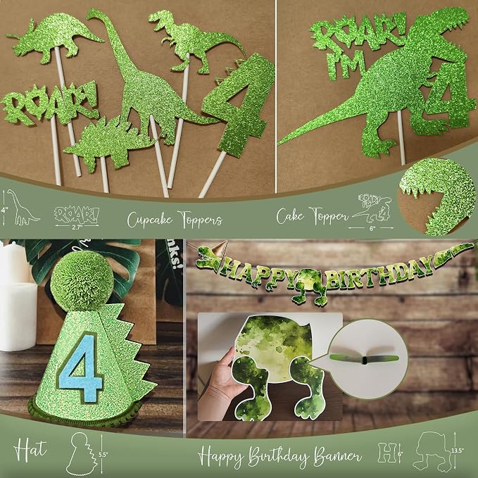 Dinosaur 4th Birthday Party Decorations, Roar I Am 4th Dinosaur Birthday Decoration, 4 Rex Party Supplies with Backdrop Tablecloth Fringe Curtain Balloon Arch Cake Topper Birthday Banner