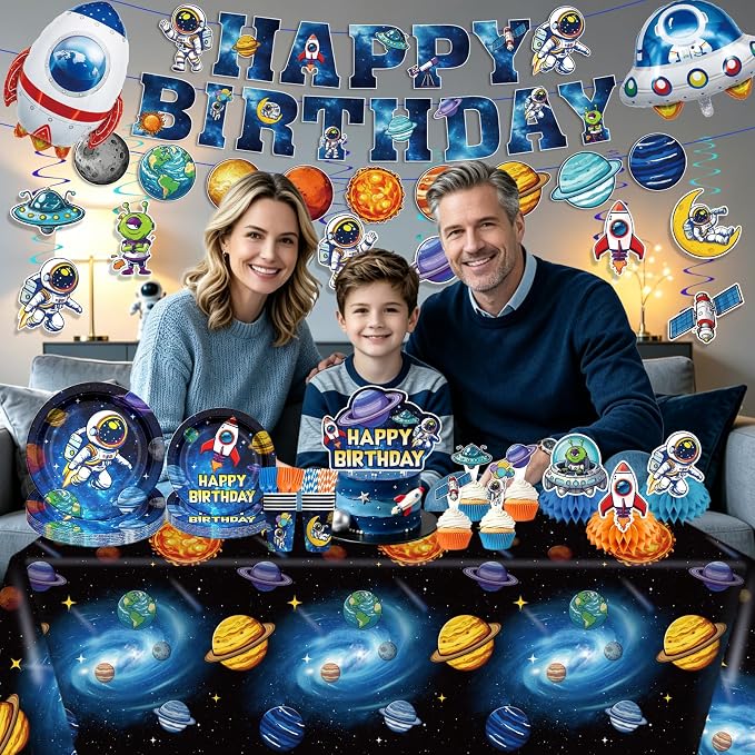 NeoRov 220 Pcs Space Themed Birthday Party Decorations Tableware Set | Service 25 Guests | Includes Banner, Cake Topper, Balloons, Plates And Napkins Paper Cup | For Space Astronaut Themed Party
