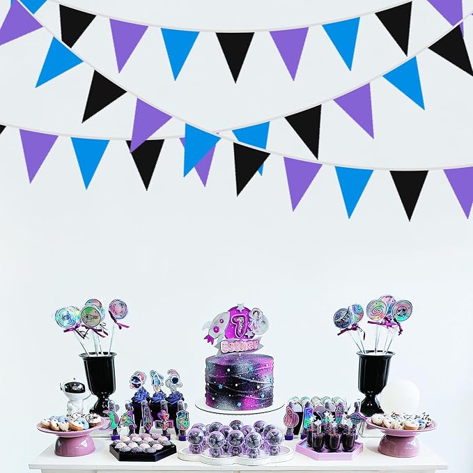 40Ft Purple Blue Black Fabric Bunting Banner Pennant Hanging Party Decorations Cotton Triangle Flag Garland for Boys Game Space Theme Galaxy Moon Birthday First Trip Around The Sun Baby Shower Decor