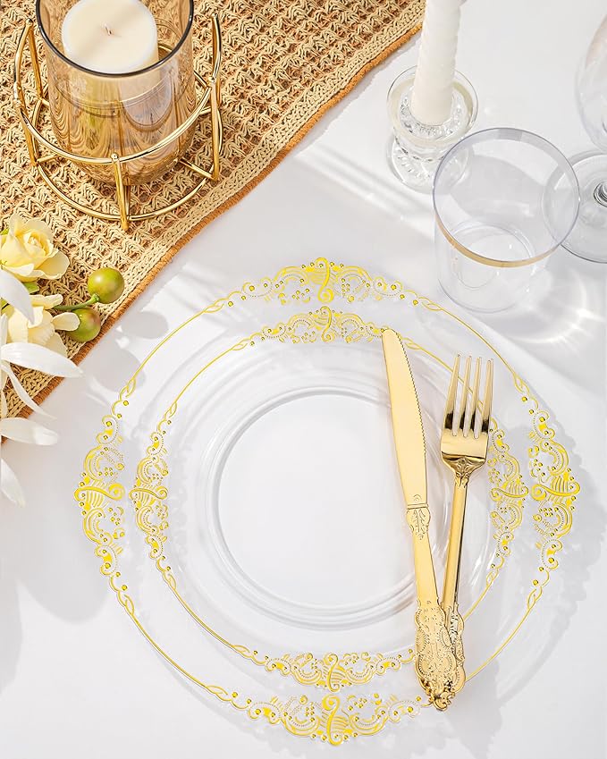 Nervure 175PCS Clear Gold Plastic Plates - Gold Disposable Dinnerware Set for 25 Guests Include 50 Disposable Plates, 75 Plastic Silverware, 25 Cups, 25 Napkins for Wedding & Party