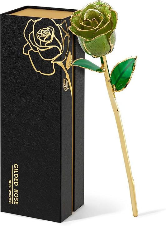 Mikasol Real 24K Gold Dipped Realistic Rose – Timeless Lifelike Bloom with Heart Puzzle Base – Romantic Gradient Green Flower Gift for Her, Wife, Girlfriend, Mom – Birthday, Anniversary, Mother’s Day