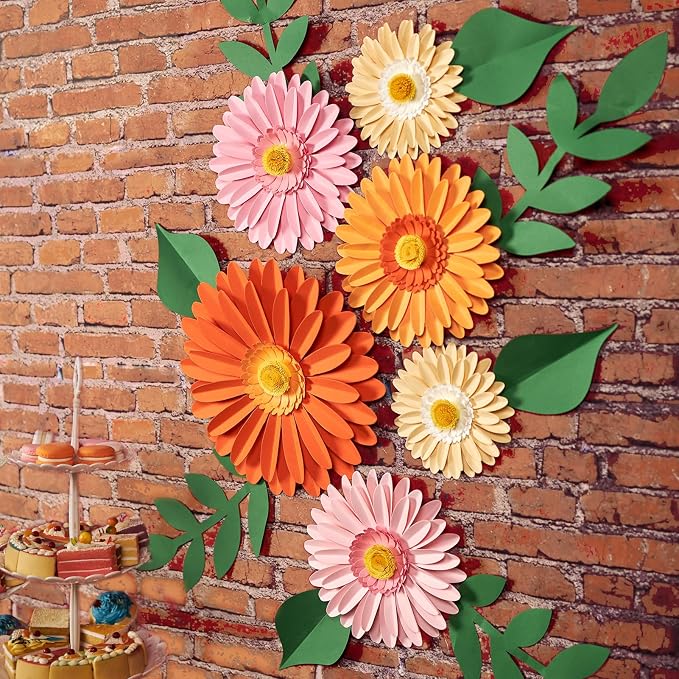 Daisy Paper Flowers Wall Decor 3D Orange Pink Large Flowers Bulletin Board Decoration Spring Garden Groovy Birthday Decorations for Women Girls Baby Shower Classroom Office Boho Nursery Wall Decor
