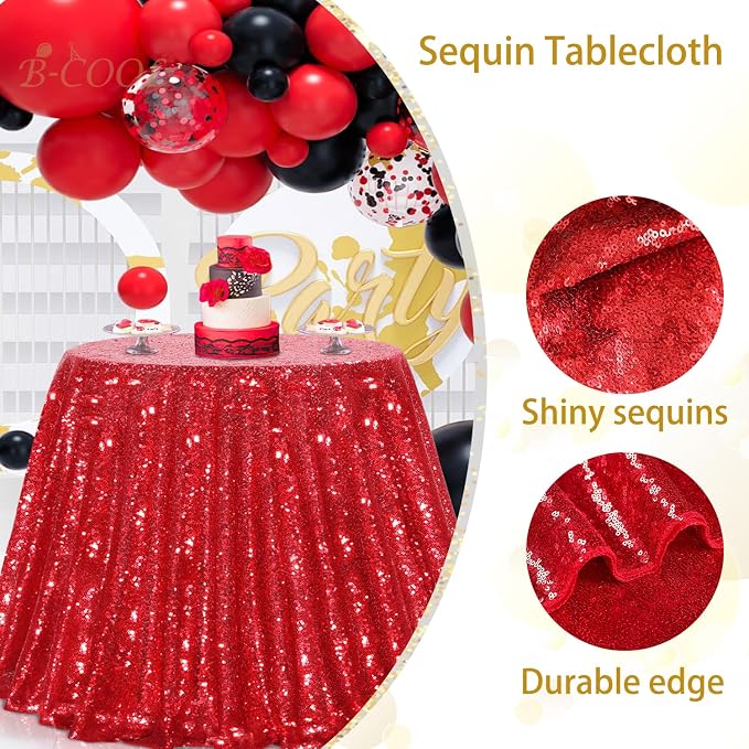 B-COOL Sequin Tablecloth Round Party Decorations: Red Table Cloth Overlay 132 Inch Large Sparkle Fabric for Christmas Birthday Beach Parties