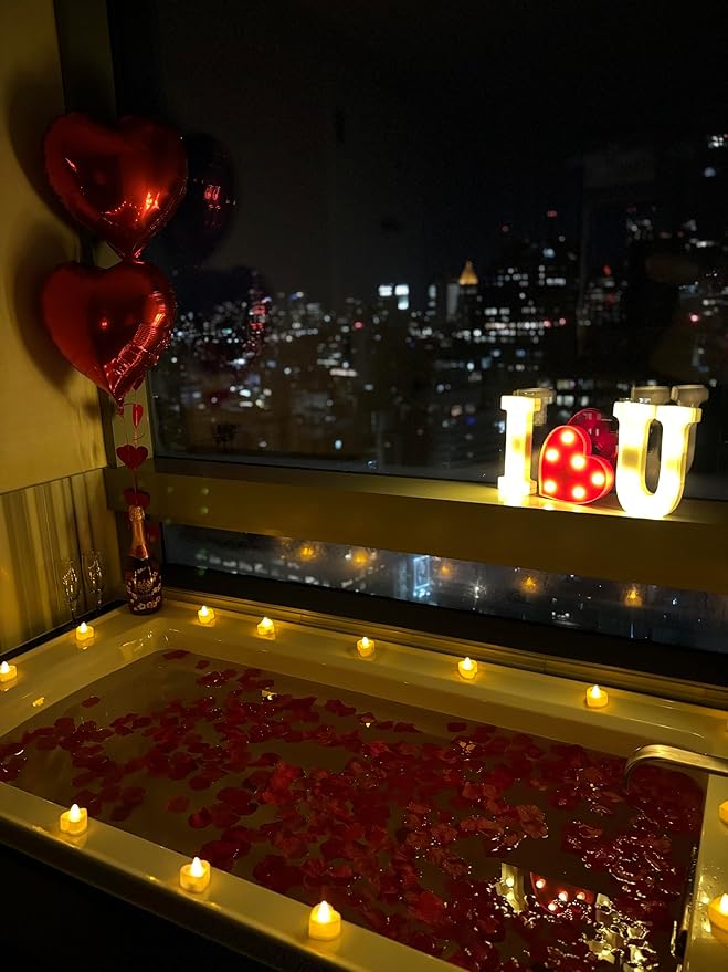 Romantic Decorations Valentines Day, Anniversary, Bedroom Special Night Décor - 3000 Rose Petals, LED & Balloon "I Love You" 36 Heart Candles, 2 Artificial Roses, 144 Red Heart Strings, Heart Balloons