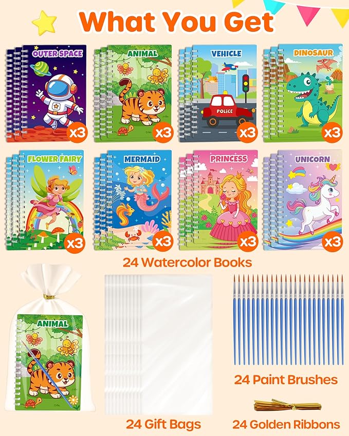 D-FantiX 24 Pack Paint with Water Coloring Books for Kids Ages 4-8-12, Birthday Party Favors Bulk Gifts Goodie Bag Stuffers, Arts and Crafts Classroom Prizes Rewards, Children Easter Basket Stuffers