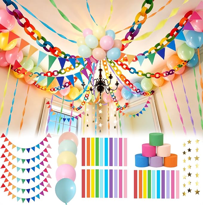 300 Paper Chain Garland Strips Kit with 59ft 72PCS Pennant Banner Flags & 30 Pack 12 in Balloons, Pre Cut Paper Chain Strips with 492ft Crepe Paper Streamers for Party Birthday Decoration