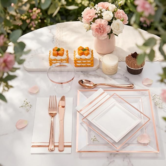Festiva 350Pcs Rose Gold Plastic Plates - Clear Rose Gold Disposable Dinnerware Sets for 50Guests include 100 Plates 50 Cups 50Plastic Cutlery 50Napkins for Party&Wedding& Bridal Shower