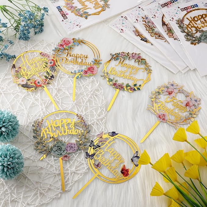 Coume 30 Pcs Happy Birthday Cake Toppers Flower Acrylic Birthday Cupcake Toppers Cake Pick for Birthday Party Cake Desserts Pastries Decorations, 6 Styles