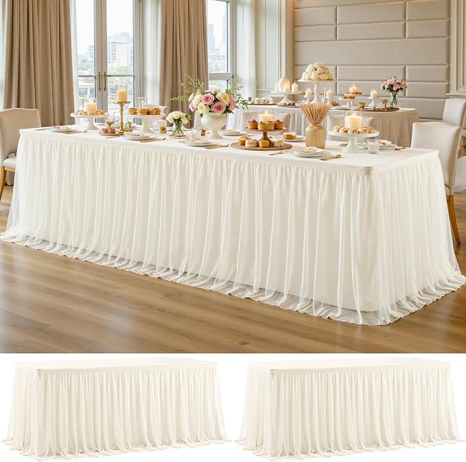 2 Pack Ivory Tablecloths for 8 Foot Rectangle Tables with Tulle Table Skirt Wedding Table Cover Stretchy Fitted Ruffle Tutu Tablecloth for Baby Shower Reception Birthday Parties Celebration Banquet