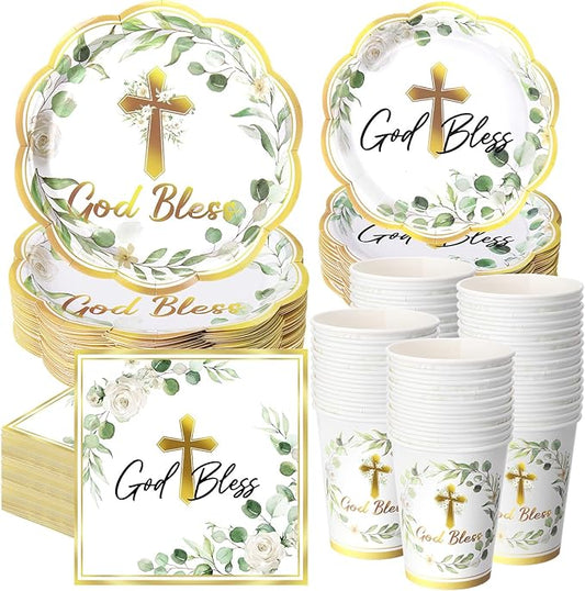 Ziliny 250 Pcs God Bless Baptism Party Tableware Set for 50 Guest First Holy Communion Decorations Sage Green Eucalyptus Leaves Paper Plates Napkins and Cups for Christening Baby Shower Religious