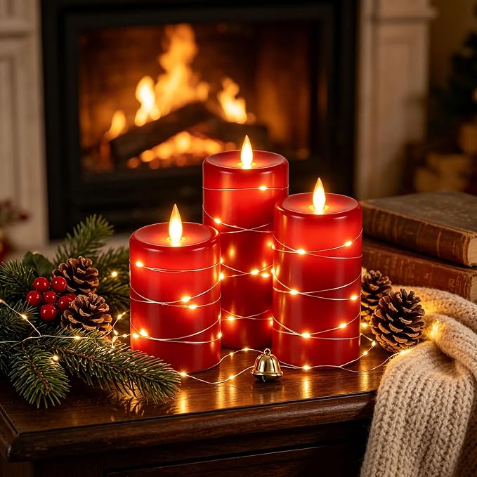 3 Pack Red Real Wax Flameless Taper Candles, Realistic Flickering LED Candles with Surrounding Fairy String Lights, Soft Warm Battery Candle Lights with Remote for Holiday Wedding Indoor Outdoor Decor