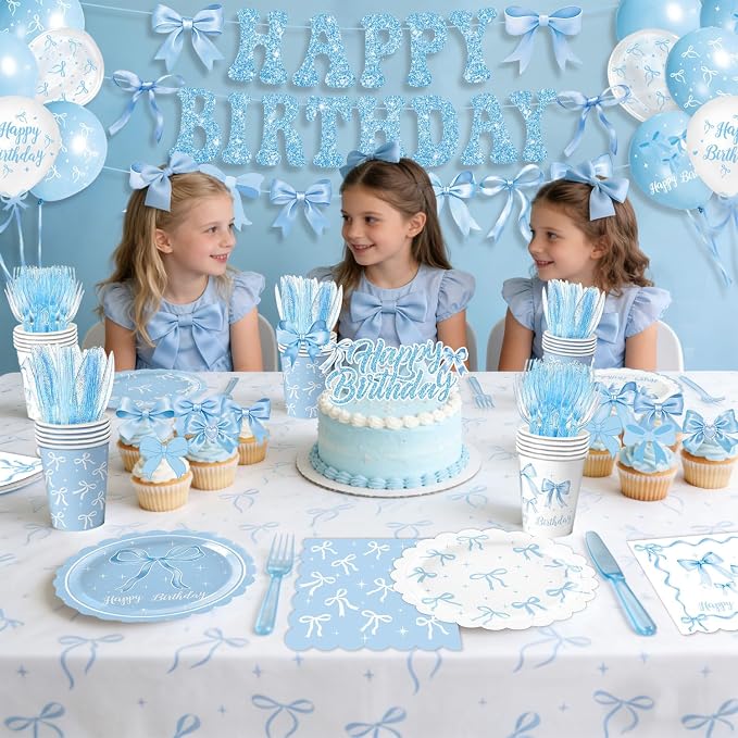 Blue Bow Birthday Decorations Set Includes Plates, Napkins, Cups, Cutlery, Banner, Hanging Swirls, Cake & Cupcake Toppers, Honeycomb Centerpieces, Balloons, Tablecloths for Coquette Party Decorations